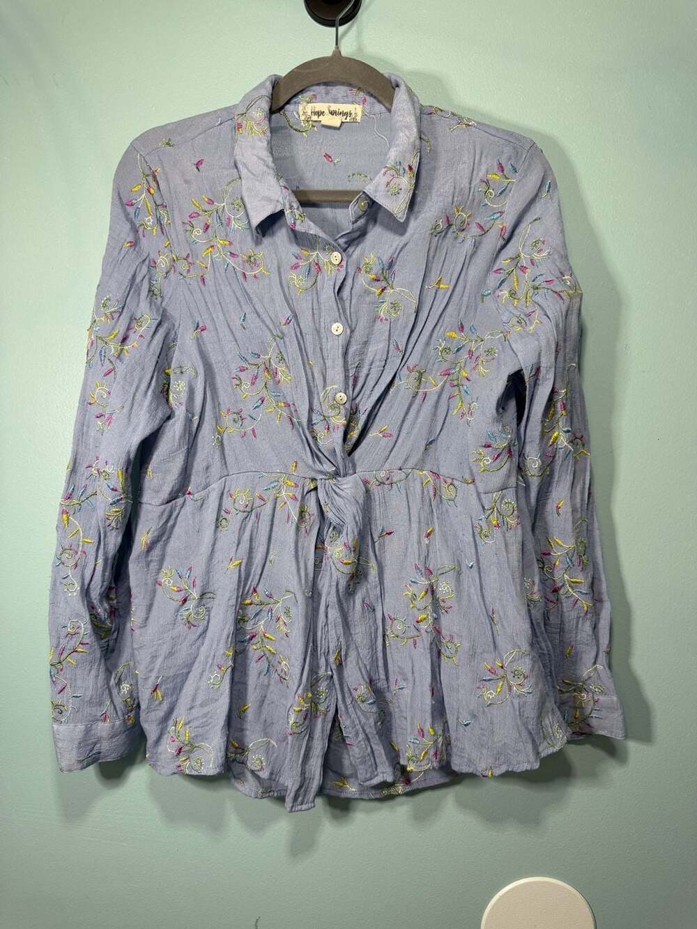 Hope Springs Embroidered Shirt Size L Blue Long Sleeve Button Up Top